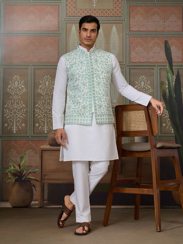 White Kurta & Bottom with Green Jacket | Silk Real Mirror Work with Thread & Sequin Embroidery | Festive & Wedding Wear - Designer Men's Kurta Set with Koti Jacket