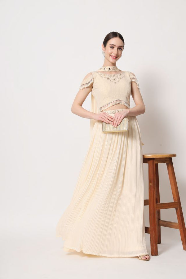 Beige Georgette Crush Pattern Thread with Sequence Embroidered Work