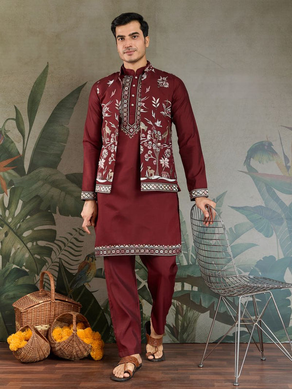 Maroon Embroidered Silk Set