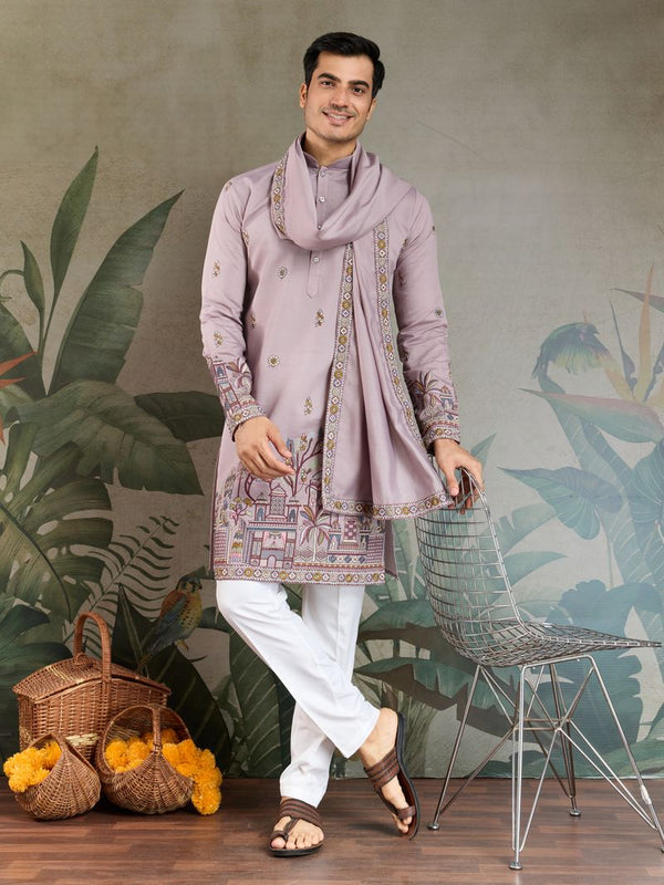 Dusty Pink Designer Viscose Silk Men's Kurta with Embroidered Dupatta