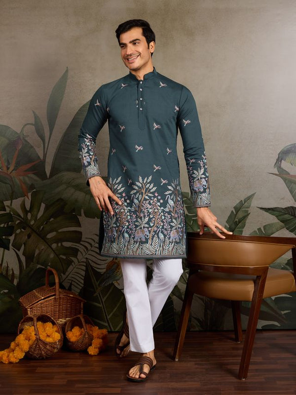 Green Viscose Silk with Thread & Sequin Embroidery - Designer Men's Kurta