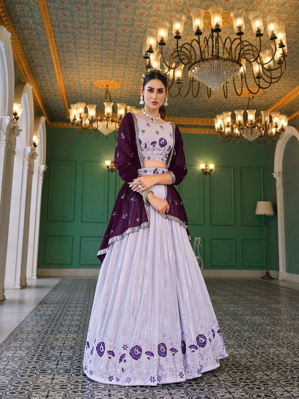 Lavender Georgette Thread with Sequence Embroidered Work