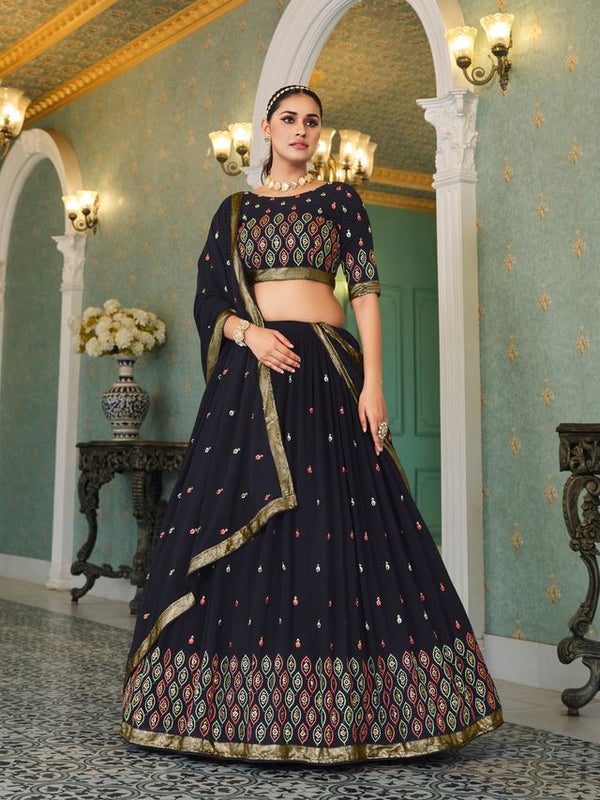 Navy Blue Georgette Thread with Sequence Embroidered Work