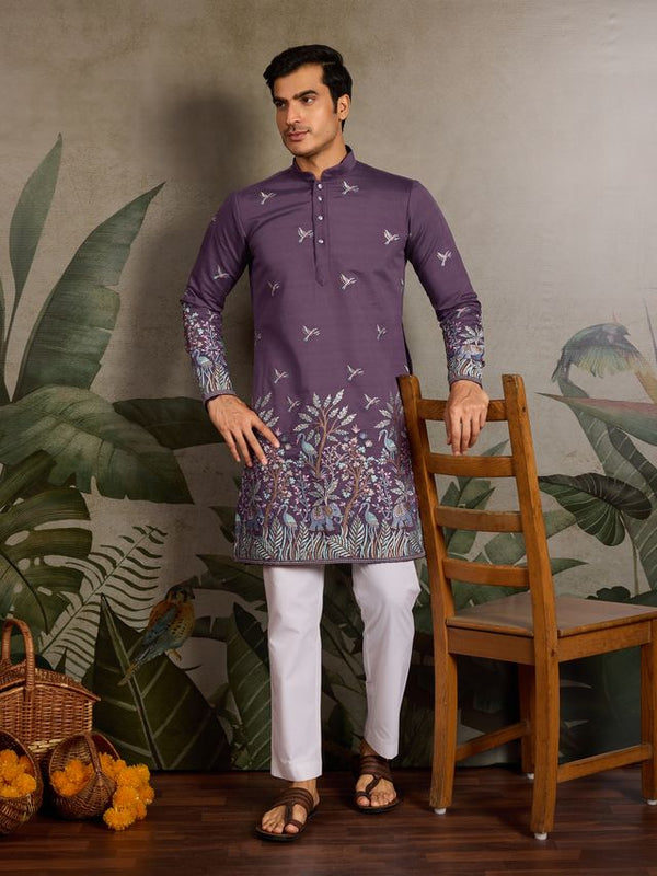 Dusty purple White Viscose Silk with Thread & Sequin Embroidery - Designer Men's Kurta