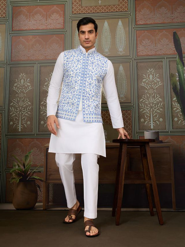 White Kurta & Bottom with Blue Jacket | Silk Real Mirror Work with Thread & Sequin Embroidery | Festive & Wedding Wear - Designer Men's Kurta Set with Koti Jacket