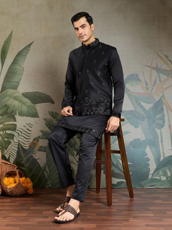 Black Silk Kurta Set with Real Mirror & Thread Work