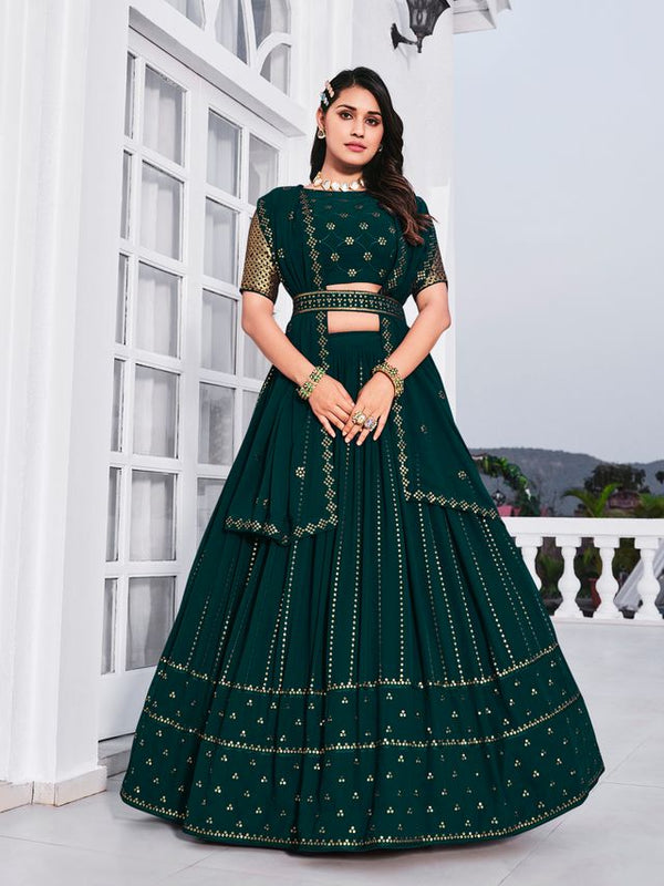 Teal Green Georgette Thread with Sequence Embroidered Work