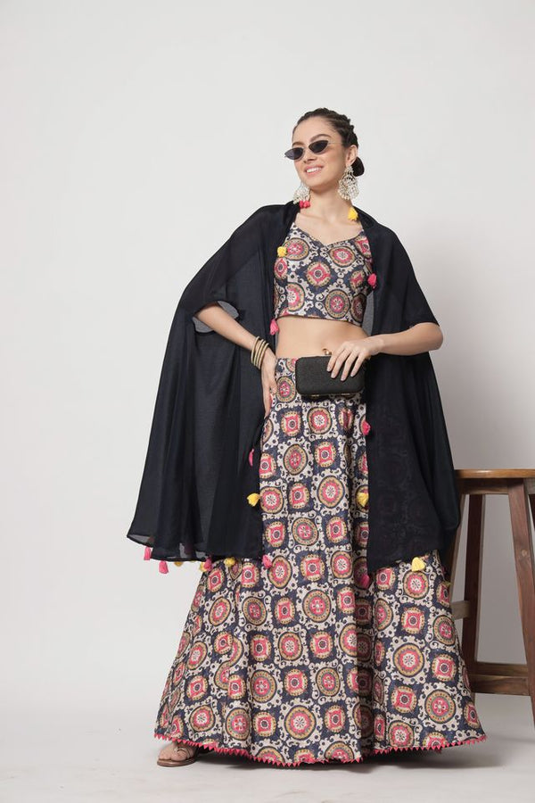 Navy Blue Chinon Silk Print with Sequence Work Thread with Sequence Embroidered Work