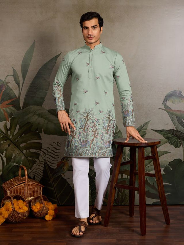 Pista Green Viscose Silk with Thread & Sequin Embroidery - Designer Men's Kurta