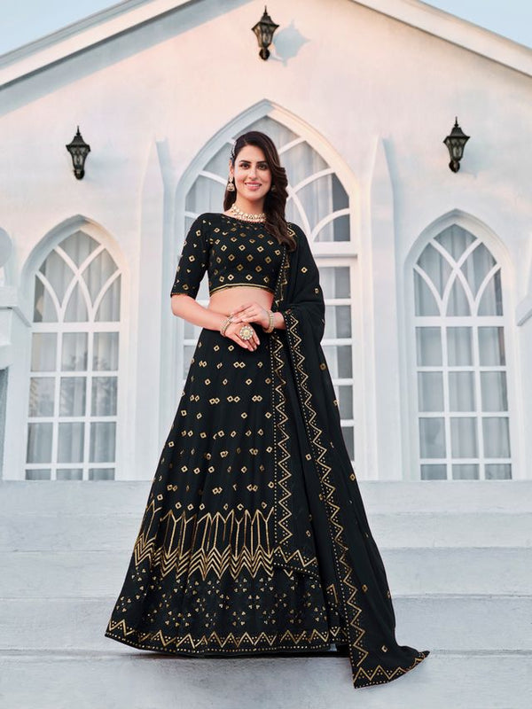 Navy Blue Georgette Thread with Sequence Embroidered Work