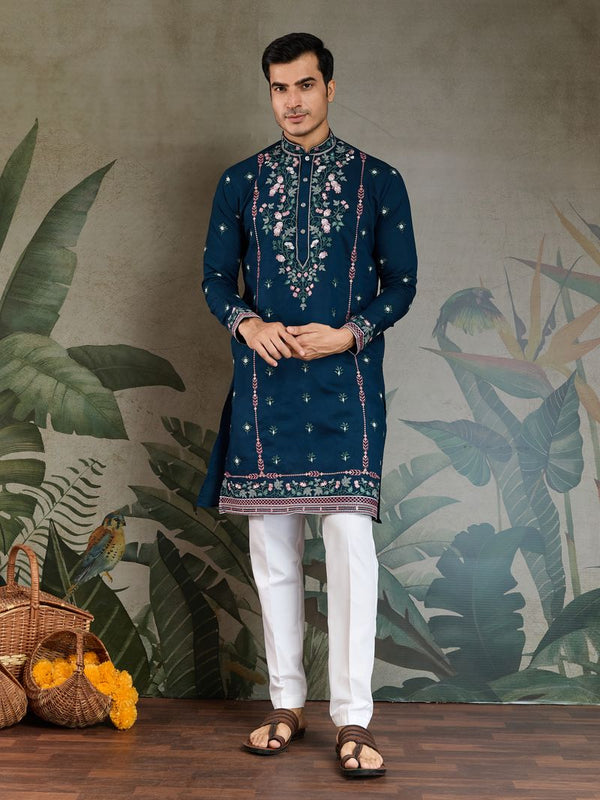 Teal Blue Embroidered Viscose Silk Kurta – Ready to Wear
