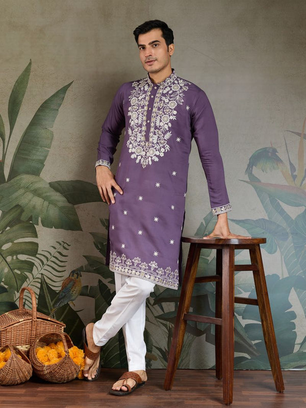 Pastel Purple Designer Silk Kurta