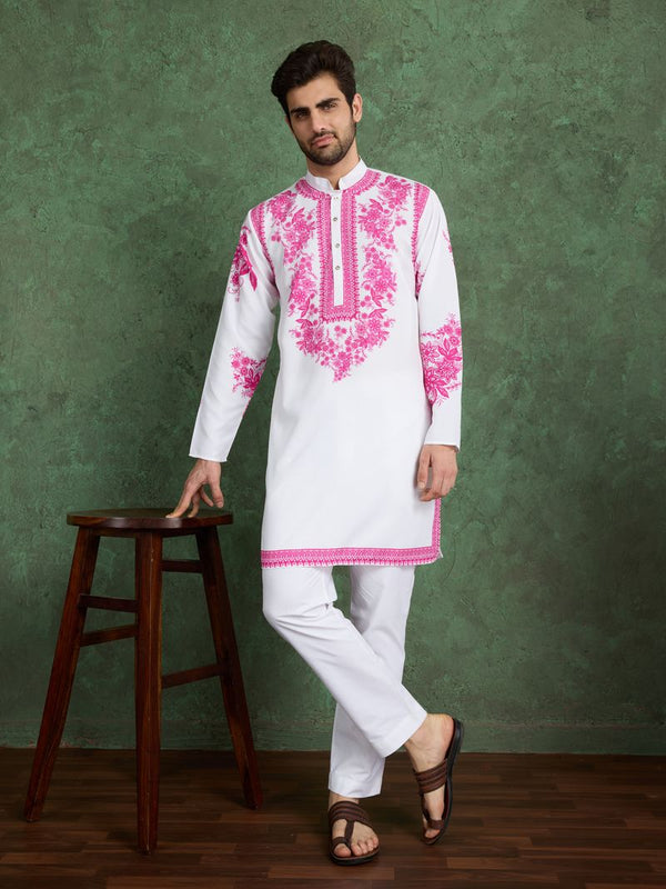 White & Pink Digital Print Rayon Kurta